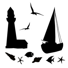 Vector illustration of yachts with soaring seagulls, lighthouse, shells, starfish and fish. Black silhouettes on a white background.