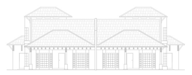 Semi-detached house elevation view in black and white 2D CAD drawing. It has 4 bedrooms 2 dining, 1 kitchen, 1 living room, and 3 bathrooms. The two houses share a central wall together.