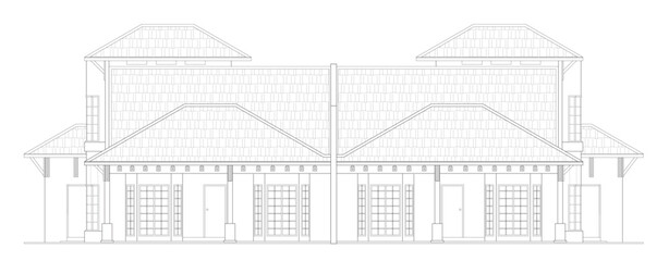 Semi-detached house elevation view in black and white 2D CAD drawing. It has 4 bedrooms 2 dining, 1 kitchen, 1 living room, and 3 bathrooms. The two houses share a central wall together.