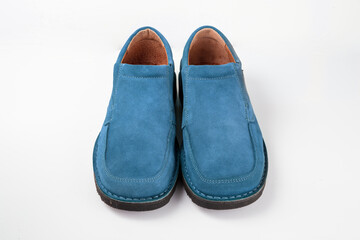 Male blue leather shoes on white background, isolated product.