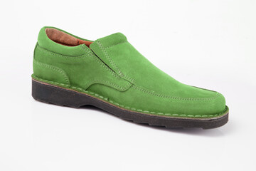 Male green leather shoe on white background, isolated product.