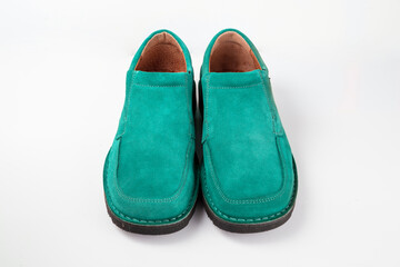 Male blue leather shoes on white background, isolated product.