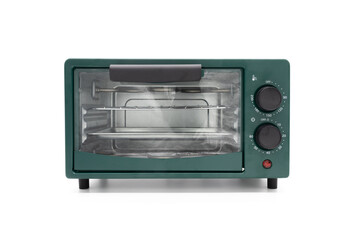 A green mini oven closeup isolated on white background - obrazy, fototapety, plakaty
