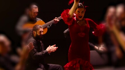 Beautiful stylish female artist dancing spanish style dance . Group of men playing on guitar and applauds to the dancer woman . Concept footage of spanish traditional culture . Waving cloth of skirt - Powered by Adobe