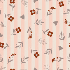 Vector pattern with abstract leaves and flowers on a striped background. Endless floral ornament for textiles, packaging, paper. Seamless Repeat Pattern.