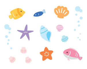 シンプルな海の生き物の素材セット