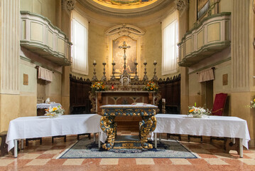 Italy, May 2022, Interior of the church of Quattro Castella, decorated for the first communion