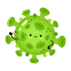 Cute funny virus waving hand character. Vector hand drawn cartoon kawaii character illustration icon. Isolated on white background. Virus character concept