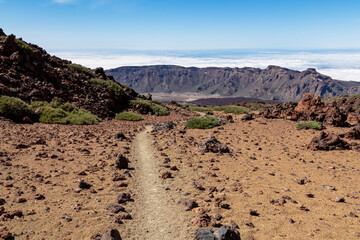 Hiking trail over volcanic desert terrain leading to summit of volcano Pico del Teide, Mount Teide National Park, Tenerife, Canary Islands, Spain, Europe. Solidified lava, ash, pumice along the way