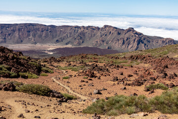 Hiking trail over volcanic desert terrain leading to summit of volcano Pico del Teide, Mount Teide National Park, Tenerife, Canary Islands, Spain, Europe. Solidified lava, ash, pumice along the way