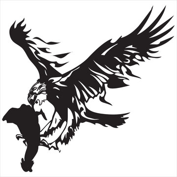 Vector, Image of eagle flying with chicken, black and white color, with transparent background