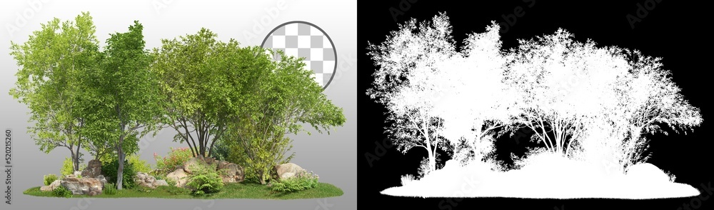 Wall mural group of trees among the rocks. cutout trees isolated on transparent background via an alpha channel