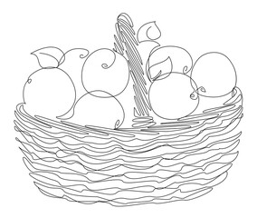 Basket with ripe red apples. Picture in a modern one-line style. Solid line, outline for decor, posters, stickers, logo. Vector illustration.