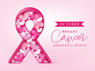 Breast cancer october awareness month pink balloons in the box. 3d Vector illustration background. 3d ribbon shape.