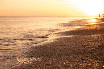 sunset on the beach. beautiful golden sunset on the sea coast.