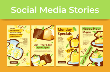 Happy hour restaurant menu social media stories set vector illustration