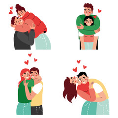 Set of happy couples in romantic relationships. Men and women hugging or cuddling. Colorful flat illustration on a white background.