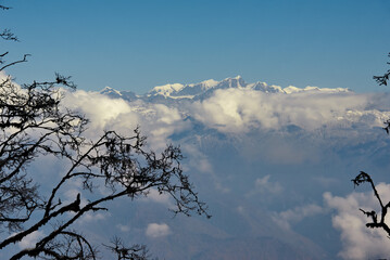 East India, Arunachal Pradesh. Picturesque view from a height of 3250m on the snow-capped peaks of the Southern Himalayas on the border with Nepal.