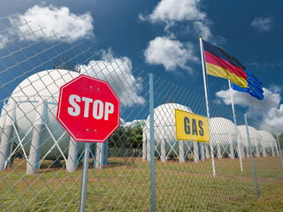 Closed gas plant with German and European flag and stop sign