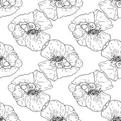 the poppy pattern. a pattern of a painted poppy flower in sketch style, black outline often on white for a design template. summer wild flower often top view vector seamless
