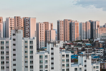 Naklejka premium Apartment Buildings at Sunset, Urban Residential Skyline
