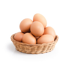 Eggs in a basket and reflection isolated on a white background are Suitable for creative graphic design and clipping paths.