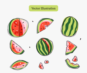 Set of Watermelon Slice Hand Drawn Isolated Vector Illustration. Trendy paper cut shapes and linear watercolour - like graphic elements. Perfect for food packaging, cosmetic branding, textile design