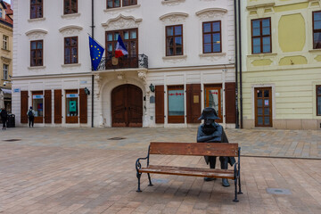 Fototapeta na wymiar BRATISLAVA, SLOVAKIA, 21 FEBRUARY 2022: Statue of Napoleon in the square of the town hall
