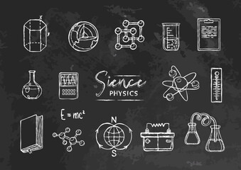 Vector set collection with elements of physics science, chalk style on black board. Chalk doodles on textured chalkboard. Back to school and college supples. Handrawings white outlines. Isolated.