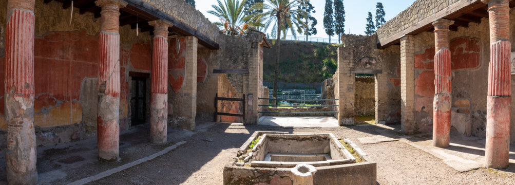 HERCULANEUM, ITALY - MAY 05, 2022 - Panoramic view of the garden of the Casa dei Cervi in Herculaneum