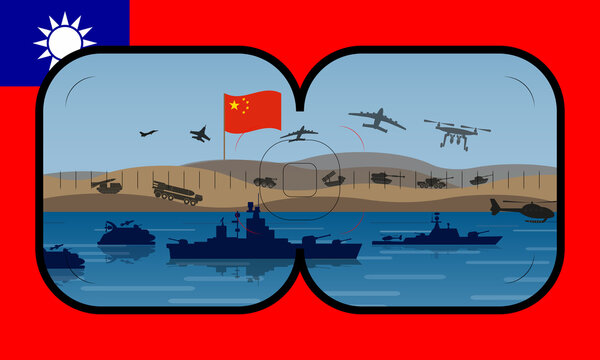 Illustration Of Chinese Military Exercises Off The Coast Of Taiwan In The South China Sea. Periscope View With The Flag Of Taiwan In The Background.