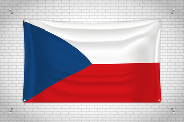 Czechia flag hanging on brick wall. 3D drawing. Flag attached to the wall. Neatly drawing in groups on separate layers for easy editing.