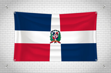 Dominican Republic flag hanging on brick wall. 3D drawing. Flag attached to the wall. Neatly drawing in groups on separate layers for easy editing.