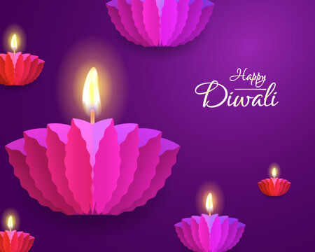 Happy Diwali 3D graphic with origami paper diya lamp. Diwali decorative paper lamp mockup.