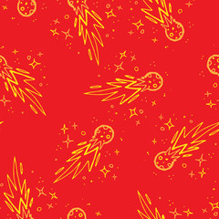 Seamless pattern of comet illustration on red