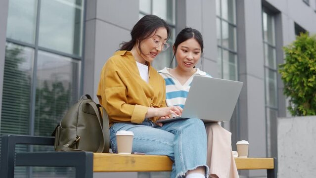 Two dark haired asian women sitting on bench with portable laptop on knees and chatting. Casually dressed female friends using modern gadget during leisure time outdoors.