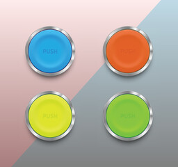 Colorful 3d Rubber buttons. Set of web icons with chrome frame. Vector illustration 3d button for website or apps