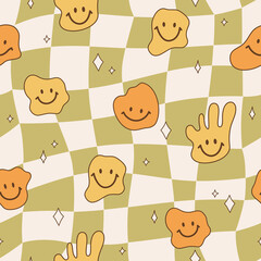 Seamless pattern psychedelic groovy checkerboard background in style retro 70s. Illustration with smiling faces for wallpaper, fabric, textiles. Vector