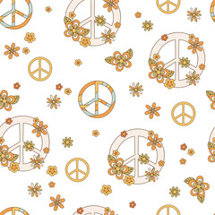Seamless pattern with pacific and flower in style retro 1970s. Background with symbol peace in vintage style. Illustration with hippies badge for wallpaper, fabric, textiles. Vector - 520222068