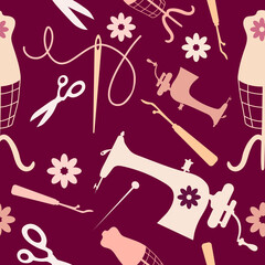 Sewing and tailoring dressmaking items like sewing machine, scissors, needles on white, seamless surface design pattern illustration - 520222268