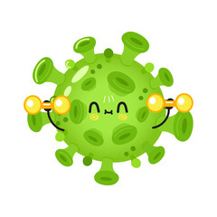 Cute funny virus character with dumbbells. Vector hand drawn cartoon kawaii character illustration icon. Isolated on white background. virus character gym concept