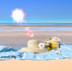 straw hat and  woman bag    beach tropical palm ,blue sea and sky ,white sand sun flares  pink  flowers summer holiday  leisure  travel  template background copy space panorama banner
