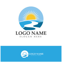River mountain sun Logo vector icon illustration design template