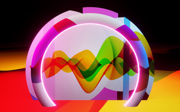 Photocall and multicolor product background with neon hoop and abstract ink curves
