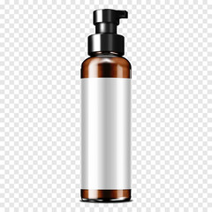 Dark brown clear glass or plastic pump dispenser cosmetic bottle with white blank label on transparent background realistic mockup. Realistic vector mockup. Template for design