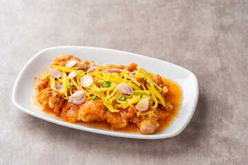 crispy chicken with mango sauce or Ayam Saus Mangga. The taste is savory spicy and a little sweet.
