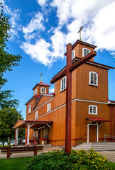 Built in the years 1924-26, a sacred complex consisting of a belfry and a wooden Catholic church dedicated to Our Lady of Częstochowa in the town of Žilina in Masuria in Poland. © Jacek Sakowicz