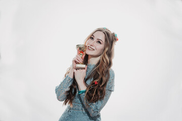 girl in a blue dress on a white background blue