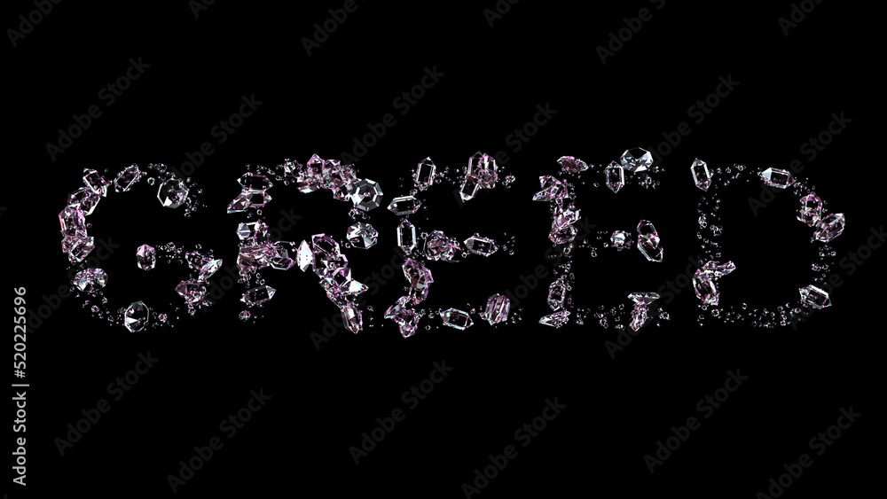 Poster greed - text made of diamonds, on black background, isolated - object 3d rendering