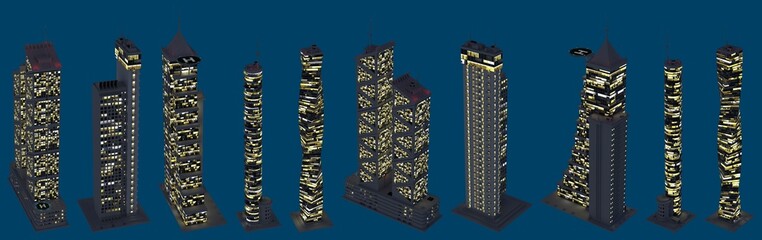 hi-tech fictional houses at dark time with glowing lights, isolated top view metropolitan life concept - 3d illustration of skyscrapers